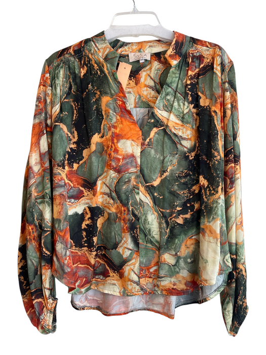 Sofia Size XS/S Green & Multi Rayon & Viscose V Neck Long Sleeve Abstract Top Green & Multi / XS/S