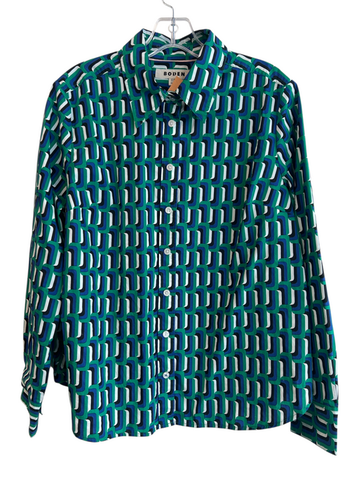 Boden Size 12 Green & Blue Cotton Collared Button Up Long Sleeve Abstract Top Green & Blue / 12