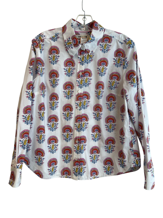 Boden Size 12 White & Multi Cotton Collared Button Up Long Sleeve Floral Top White & Multi / 12