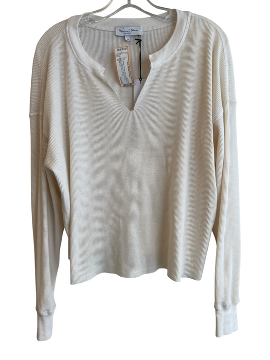 Michael Stars Size M White Polyester Blend Waffle Knit V Neck Long Sleeve Top White / M