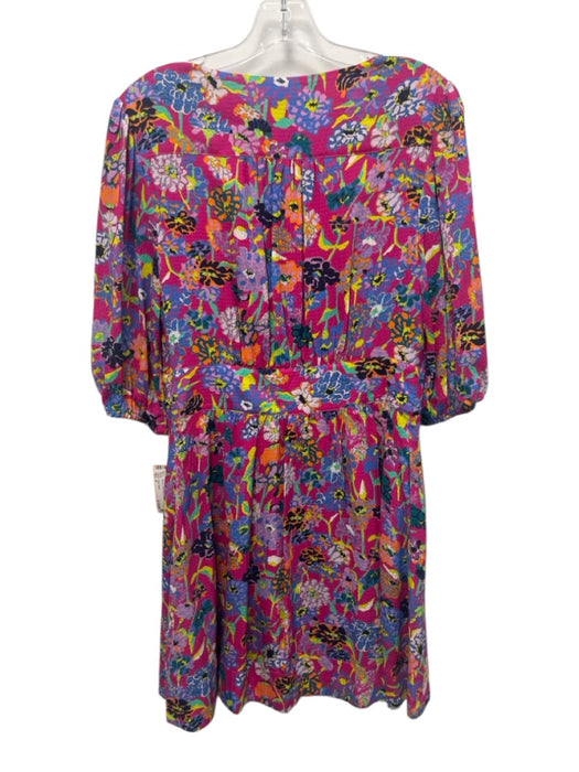 Tanya Taylor Size 4 Hot Pink, Blue, Multi Silk Short Puff Sleeve V Neck Dress Hot Pink, Blue, Multi / 4