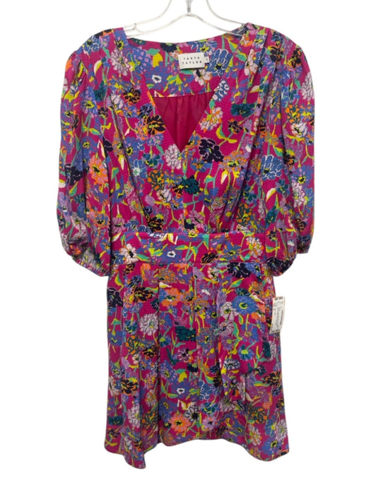 Tanya Taylor Size 4 Hot Pink, Blue, Multi Silk Short Puff Sleeve V Neck Dress Hot Pink, Blue, Multi / 4