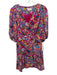 Tanya Taylor Size 4 Hot Pink, Blue, Multi Silk Short Puff Sleeve V Neck Dress Hot Pink, Blue, Multi / 4