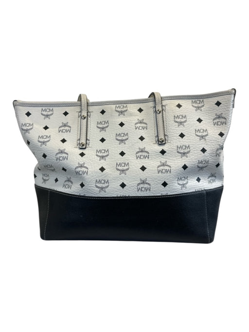 MCM Black & White Leather Top Handle Monogram silver hardware Tote Bag Black & White / Large