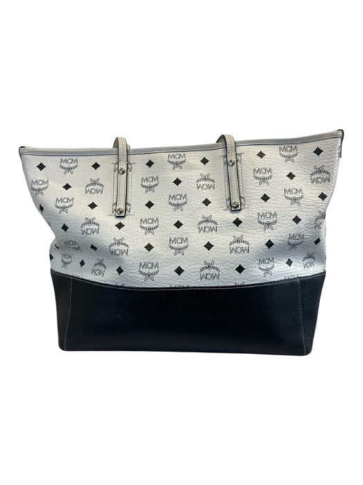 MCM Black & White Leather Top Handle Monogram silver hardware Tote Bag Black & White / Large