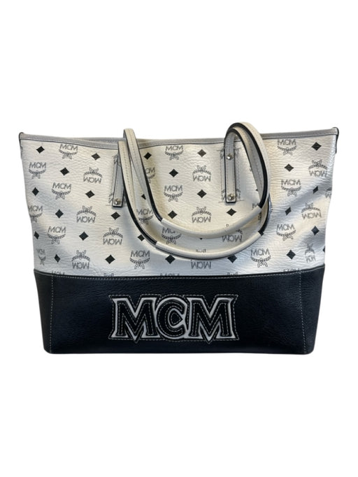 MCM Black & White Leather Top Handle Monogram silver hardware Tote Bag Black & White / Large