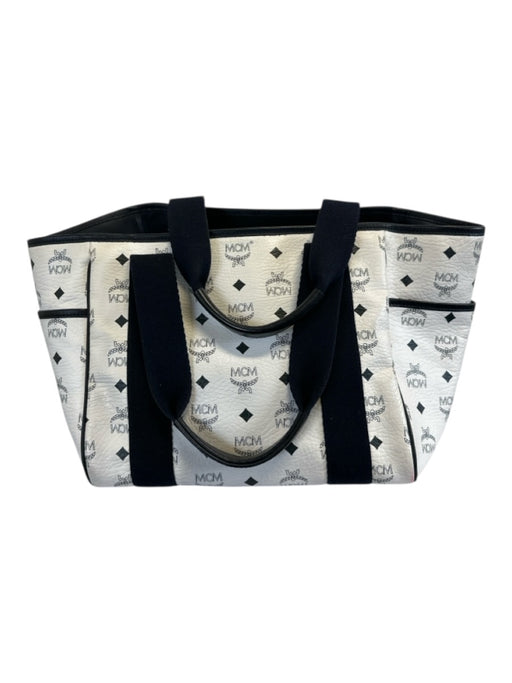 MCM White & Navy Blue Leather Canvas Monogram silver hardware Tote Bag White & Navy Blue / Medium