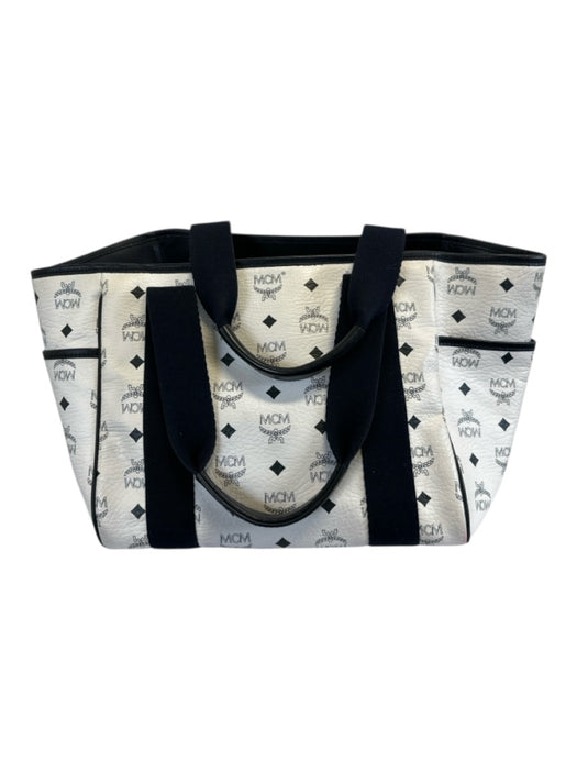 MCM White & Navy Blue Leather Canvas Monogram silver hardware Tote Bag White & Navy Blue / Medium