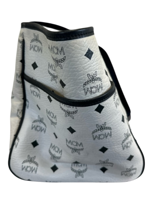 MCM White & Navy Blue Leather Canvas Monogram silver hardware Tote Bag White & Navy Blue / Medium