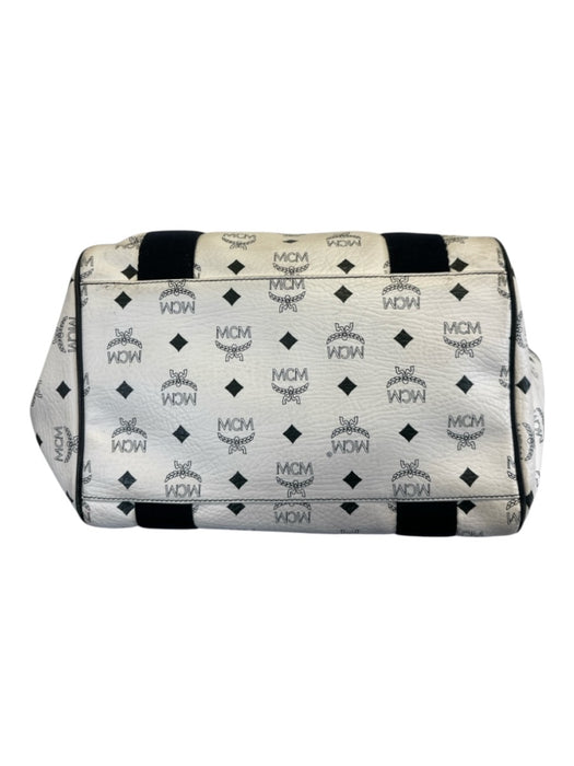 MCM White & Navy Blue Leather Canvas Monogram silver hardware Tote Bag White & Navy Blue / Medium