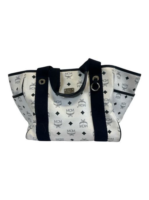 MCM White & Navy Blue Leather Canvas Monogram silver hardware Tote Bag White & Navy Blue / Medium