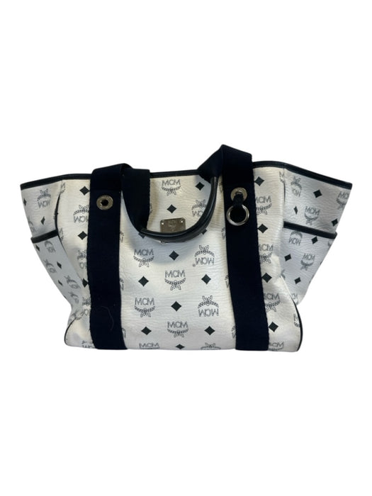 MCM White & Navy Blue Leather Canvas Monogram silver hardware Tote Bag White & Navy Blue / Medium