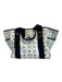 MCM White & Navy Blue Leather Canvas Monogram silver hardware Tote Bag White & Navy Blue / Medium