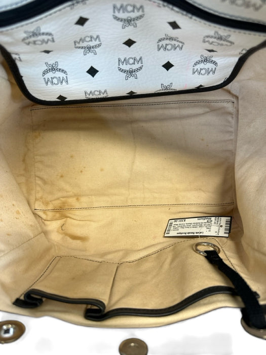 MCM White & Navy Blue Leather Canvas Monogram silver hardware Tote Bag White & Navy Blue / Medium