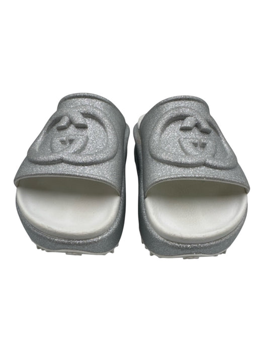 Gucci Shoe Size 39 Silver & White Leather & Rubber Interlocking GG Slide Sandals Silver & White / 39