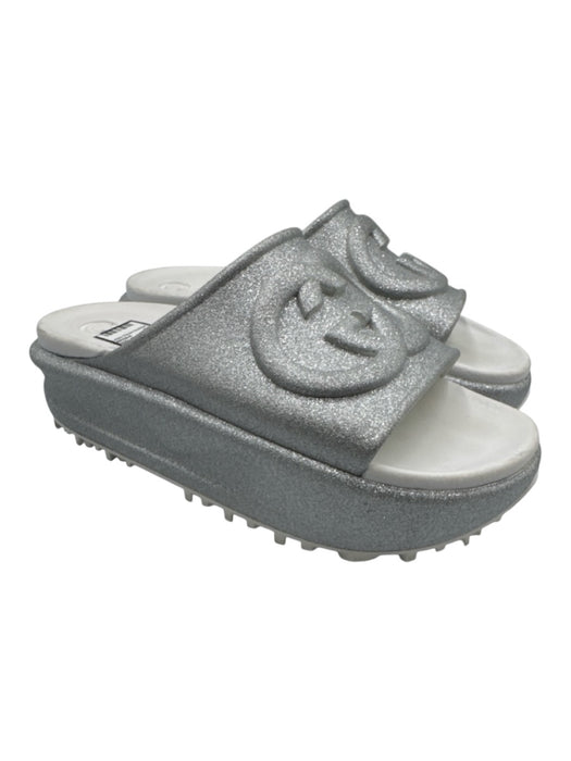 Gucci Shoe Size 39 Silver & White Leather & Rubber Interlocking GG Slide Sandals Silver & White / 39