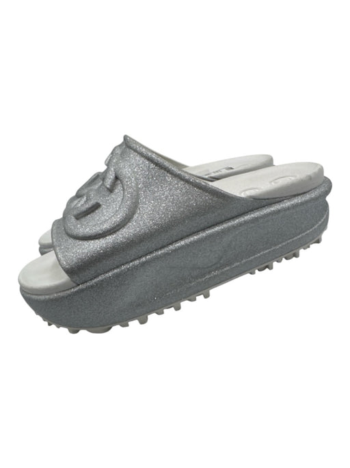 Gucci Shoe Size 39 Silver & White Leather & Rubber Interlocking GG Slide Sandals Silver & White / 39