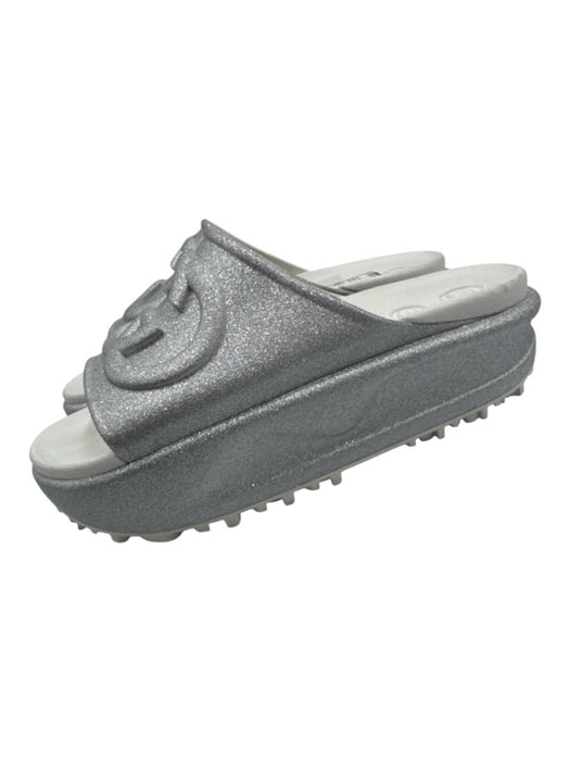Gucci Shoe Size 39 Silver & White Leather & Rubber Interlocking GG Slide Sandals Silver & White / 39