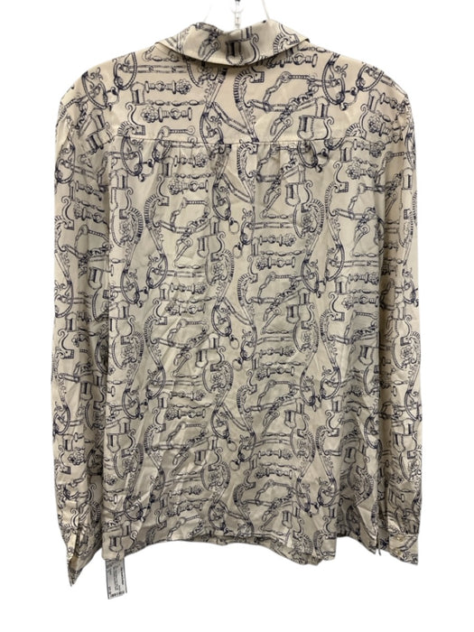 Tory Burch Size 12 White & Navy Blue Silk Blend Long Sleeve Illustrations Top White & Navy Blue / 12