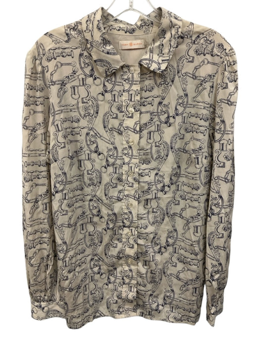Tory Burch Size 12 White & Navy Blue Silk Blend Long Sleeve Illustrations Top White & Navy Blue / 12
