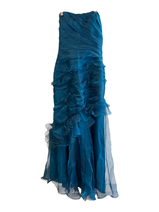 Theia Size 8 Blue Polyester Tooled Strapless Side Zip Full Length Gown Blue / 8