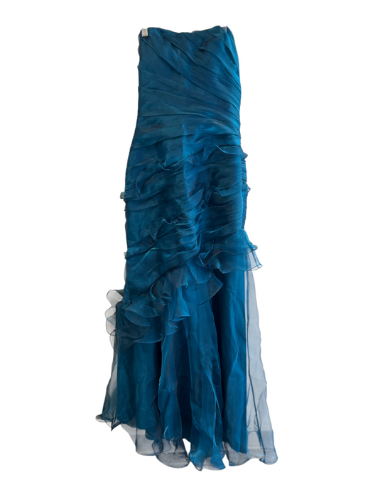 Theia Size 8 Blue Polyester Tooled Strapless Side Zip Full Length Gown Blue / 8