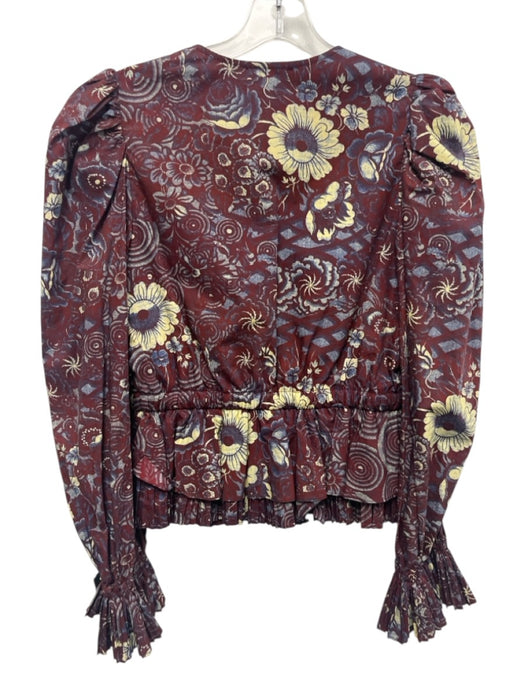 Ulla Johnson Size 4 Maroon, Cream & Blue Cotton Blend Floral Waist tie Top Maroon, Cream & Blue / 4