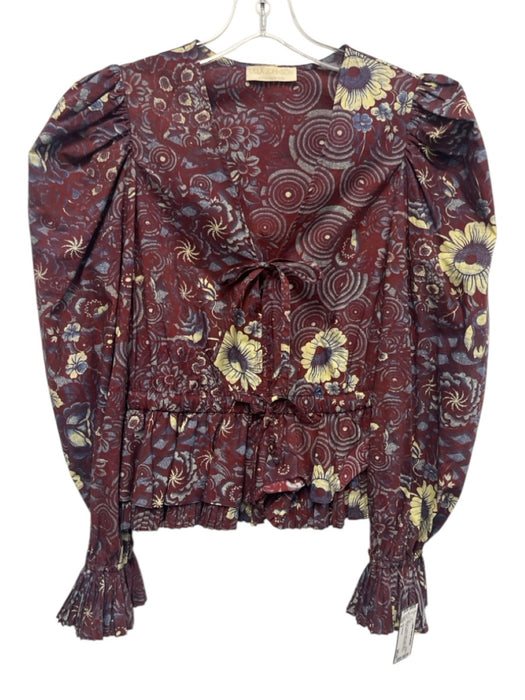 Ulla Johnson Size 4 Maroon, Cream & Blue Cotton Blend Floral Waist tie Top Maroon, Cream & Blue / 4