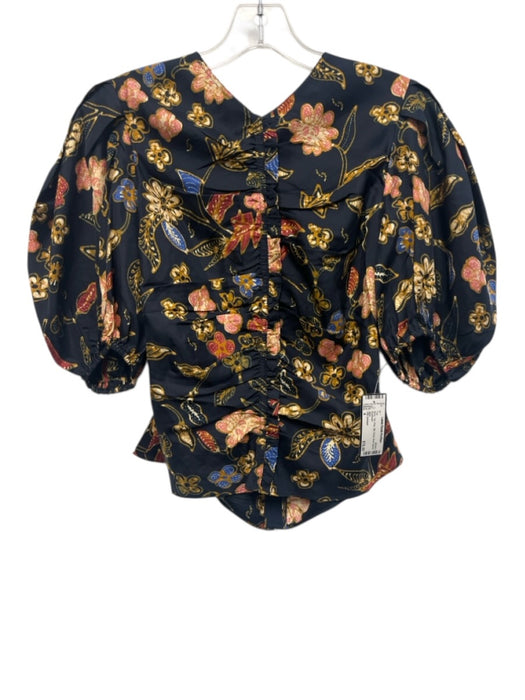 Ulla Johnson Size 4 Navy, Tan, Pink Silk Floral Short Sleeve Top Navy, Tan, Pink / 4