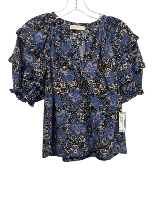 Ulla Johnson Size 4 Blue, Black, Blush Cotton Floral Short Sleeve Top Blue, Black, Blush / 4