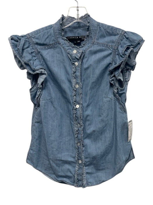 Veronica Beard Size Small Blue Cotton Blend Chambray Ruffle Short Sleeve Top Blue / Small