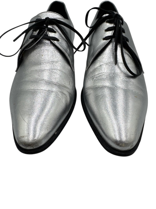 Celine Shoe Size 36.5 Silver Leather Metallic Lace Up Flat Closed Toe Shoes Silver / 36.5