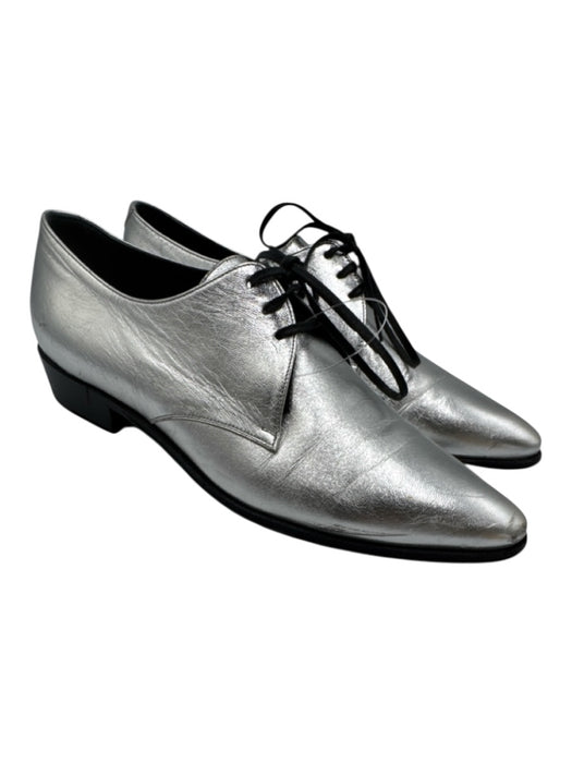 Celine Shoe Size 36.5 Silver Leather Metallic Lace Up Flat Closed Toe Shoes Silver / 36.5