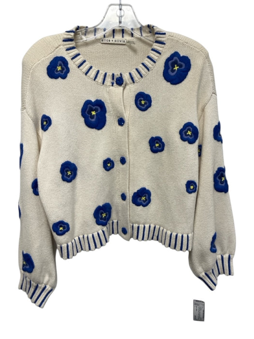 Alice + Olivia Size L Cream, Blue, Yellow Wool & Cotton Buttons Cardigan Cream, Blue, Yellow / L