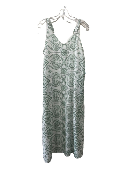 Buru Size XS White & Green Cotton Embroidered Sleeveless Tie Shoulders Dress White & Green / XS