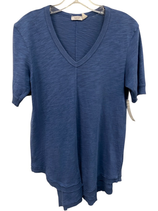 Wilt Size XS Blue Cotton Ribbed Trim V Neck distressed short sleeve Top Blue / XS
