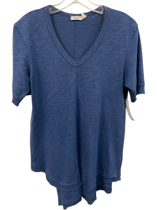 Wilt Size XS Blue Cotton Ribbed Trim V Neck distressed short sleeve Top Blue / XS