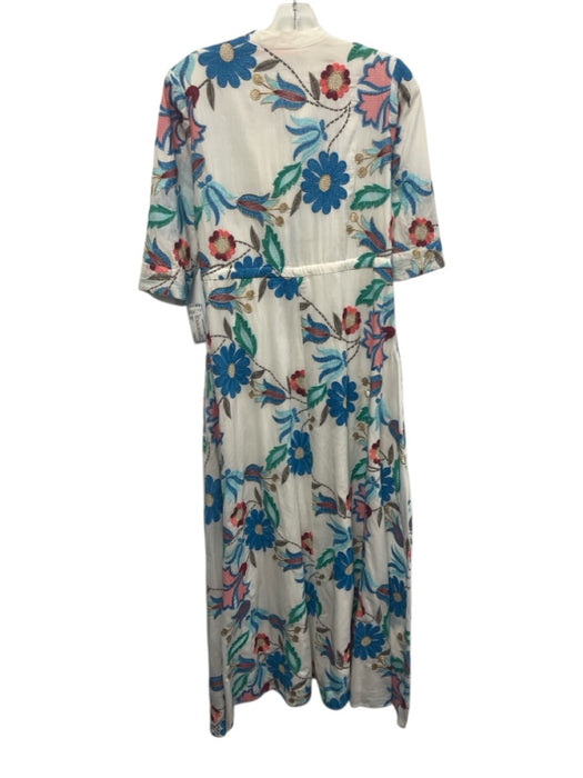 Oliphant Size XS White, Blue, Multi Cotton Embroidered Floral Half Sleeve Dress White, Blue, Multi / XS
