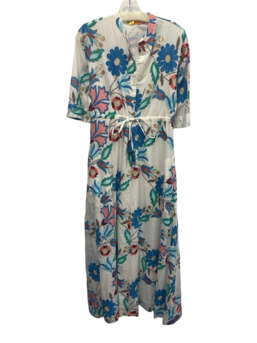 Oliphant Size XS White, Blue, Multi Cotton Embroidered Floral Half Sleeve Dress White, Blue, Multi / XS
