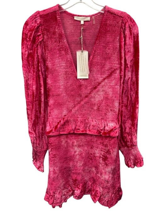 Love Shack Fancy Size L Pink Viscose Velvet Ruffle V Neck Mini Dress Pink / L