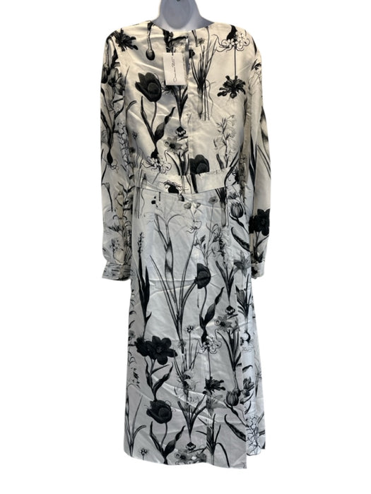 Oscar de la Renta Size 8 Black & White Silk V Neck Quarter Button Midi Dress Black & White / 8