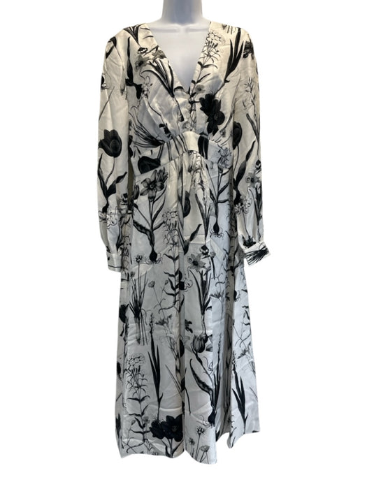 Oscar de la Renta Size 8 Black & White Silk V Neck Quarter Button Midi Dress Black & White / 8