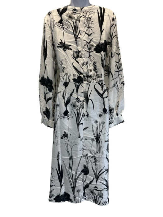 Oscar de la Renta Size 10 Black & White Silk V Neck Quarter Button Midi Dress Black & White / 10