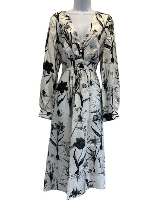 Oscar de la Renta Size 10 Black & White Silk V Neck Quarter Button Midi Dress Black & White / 10