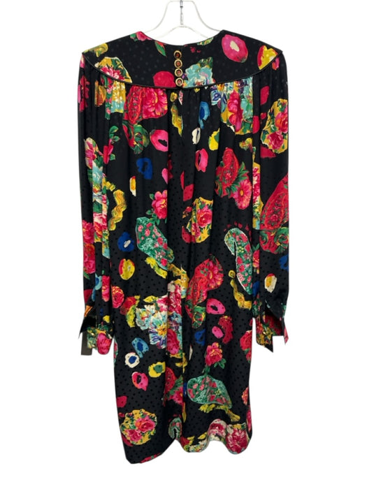 Emanuel Ungaro Size 12 Black & Multi Silk Long Sleeve Floral & Polka Dot Dress Black & Multi / 12