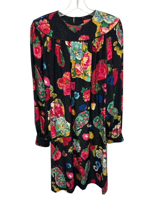 Emanuel Ungaro Size 12 Black & Multi Silk Long Sleeve Floral & Polka Dot Dress Black & Multi / 12