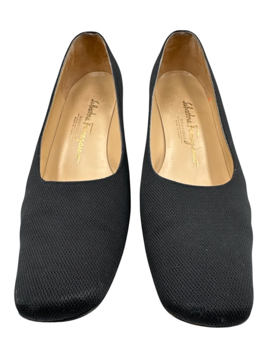 Salvatore Ferragamo Shoe Size 9 Black Leather & Textile Square Toe Woven Pumps Black / 9