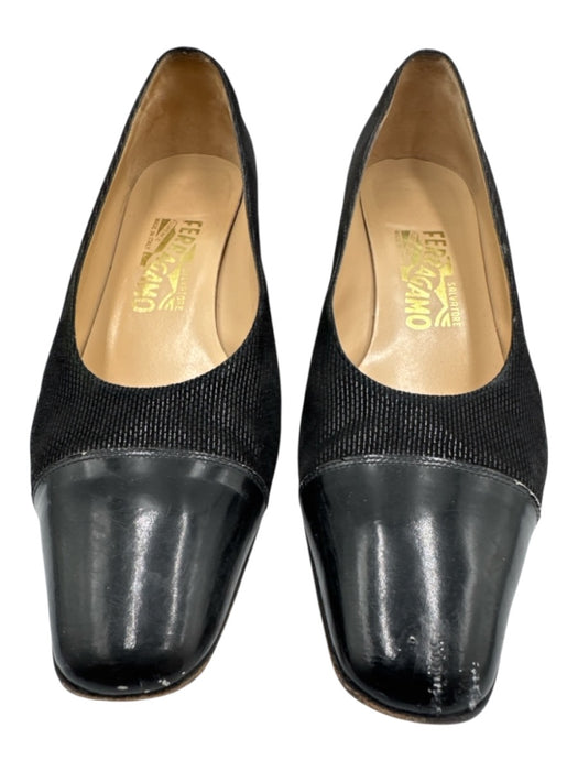 Salvatore Ferragamo Shoe Size 9 Black Leather Square Toe Textured Toe Cap Pumps Black / 9