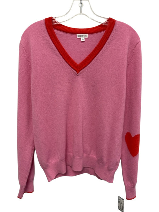 Minnie Rose Size Large Pink & Red Cashmere Long Sleeve Hearts V Neck Sweater Pink & Red / Large