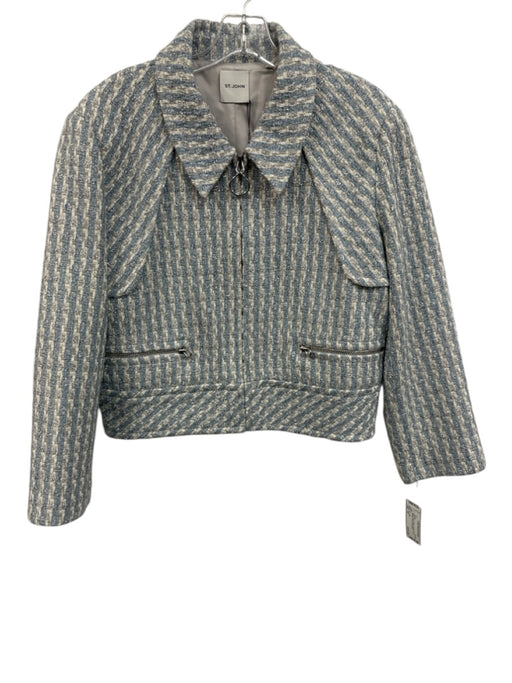 St. John Size 12 Blue & White Tweed Zip Up Metallic Thread Jacket Blue & White / 12